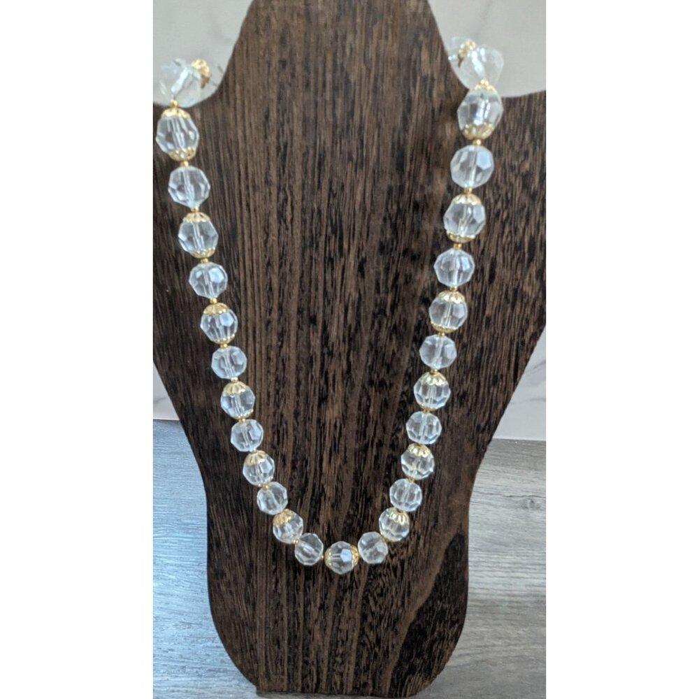 Vintage Hong Kong‎ Crystal Bead Necklace Clear & Gold-Tone 22” Elegant Jewelry